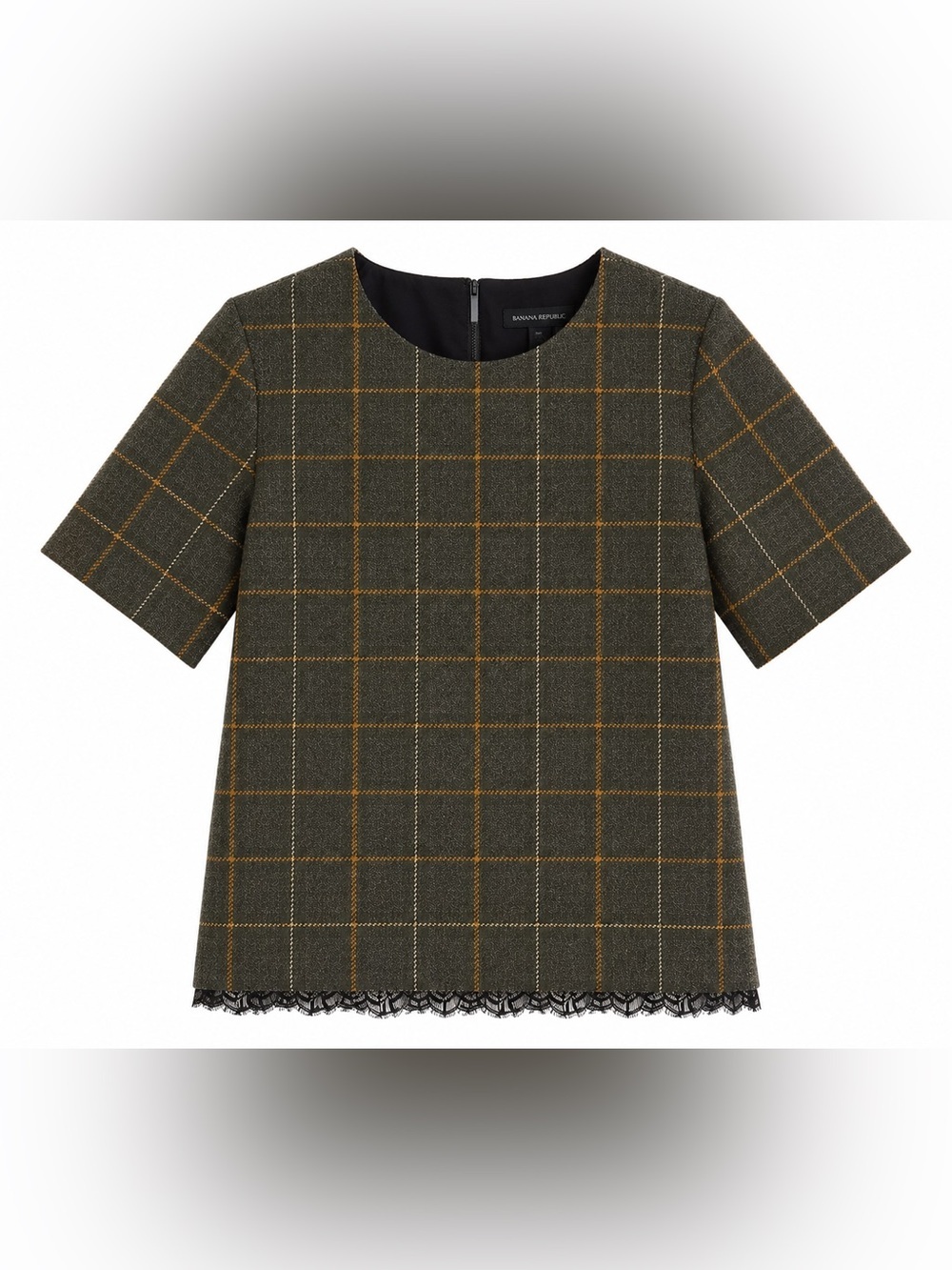Banana Republic Windowpane Plaid Short Sleeve Knit Top XS Gray Mustard Lace Hem